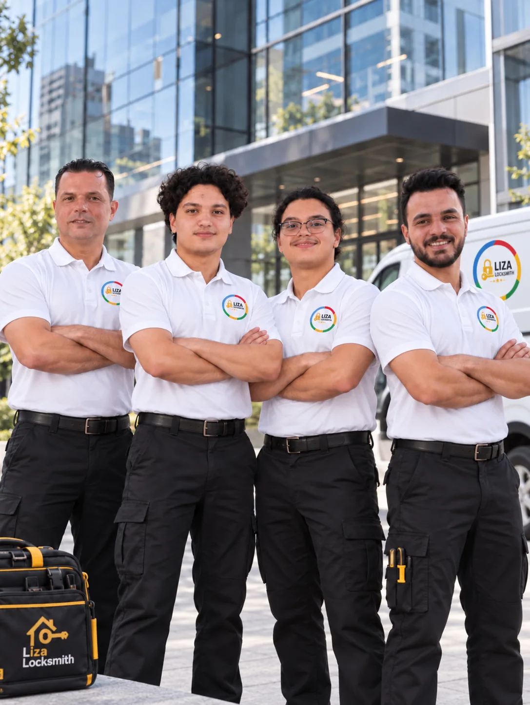 Team Liza Locksmith technicians beside their mobile service van