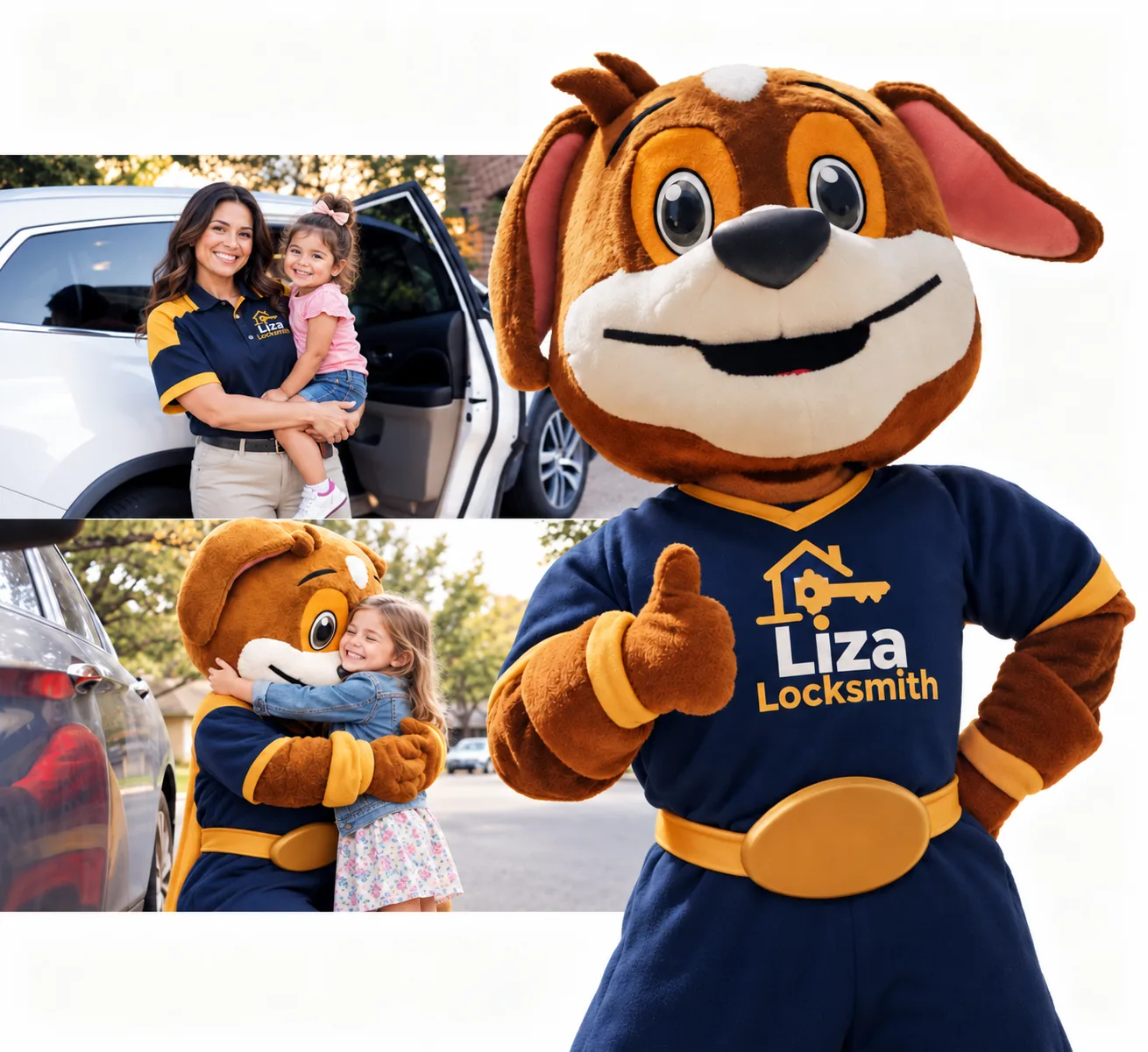 Liza Locksmith child-safety mascot with an Indianapolis family beside a vehicle